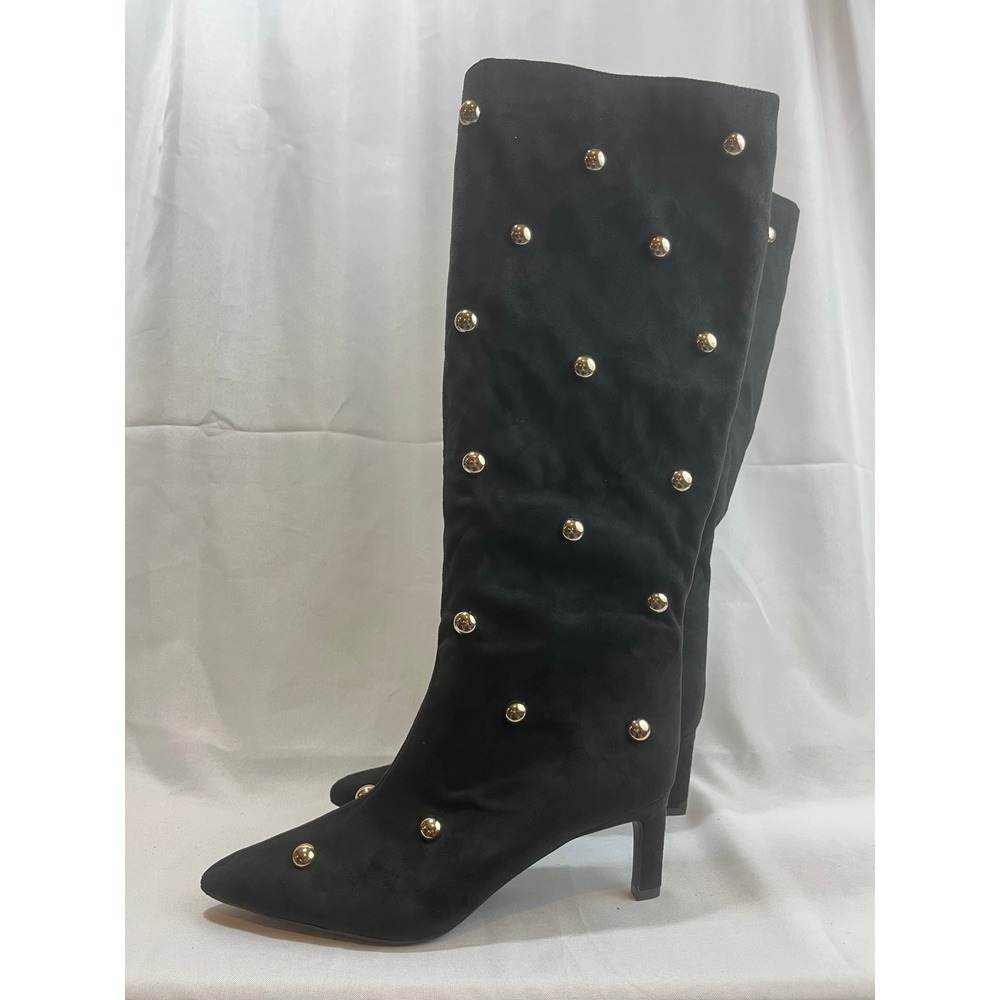 A New Day‎ Womens Black Suede Studded Pointed Toe Kitten Heel Tall Boots Size 8